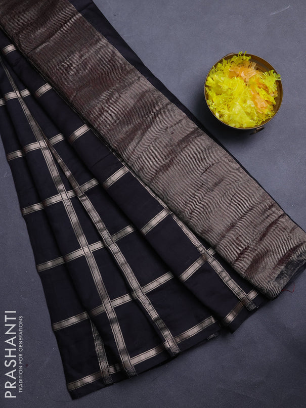Semi chanderi saree black and red with allover zari checked pattern in borderless style