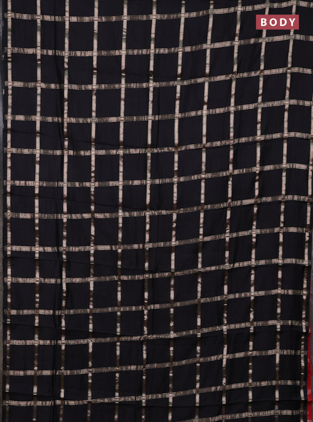 Semi chanderi saree black and red with allover zari checked pattern in borderless style