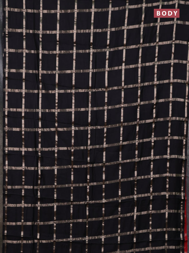 Semi chanderi saree black and red with allover zari checked pattern in borderless style