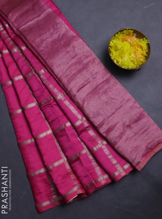 Semi chanderi saree light pink and violet with allover zari checked pattern in borderless style