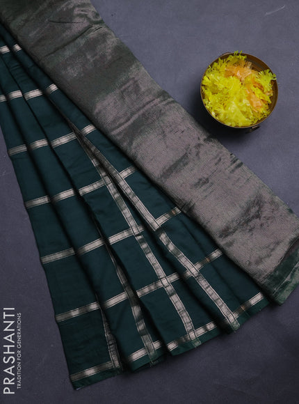 Semi chanderi saree bottle green and pink with allover zari checked pattern in borderless style