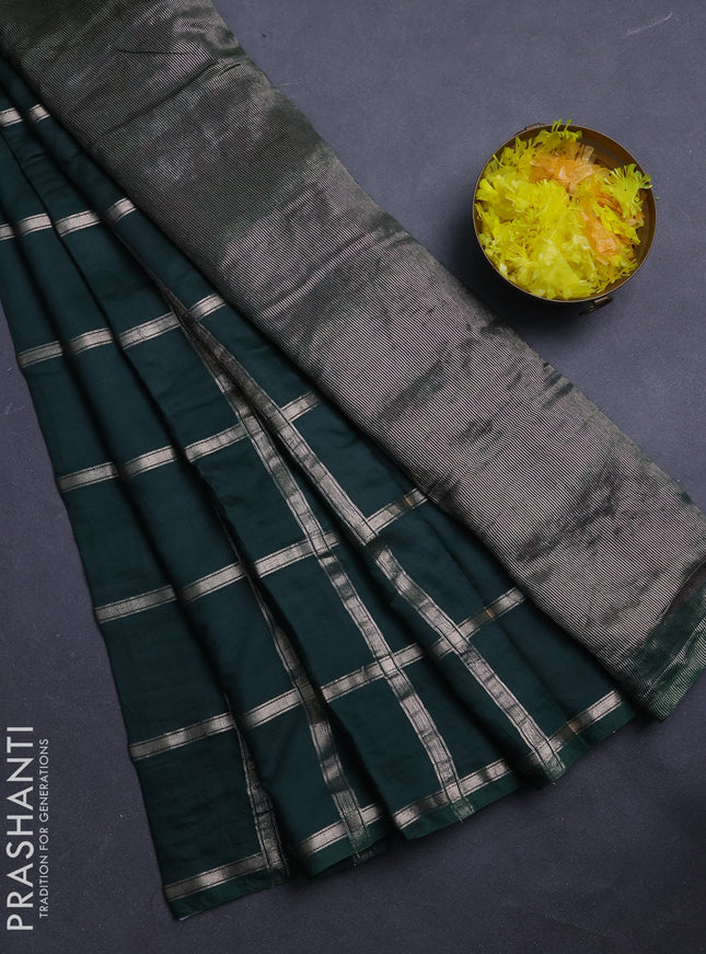 Semi chanderi saree bottle green and pink with allover zari checked pattern in borderless style