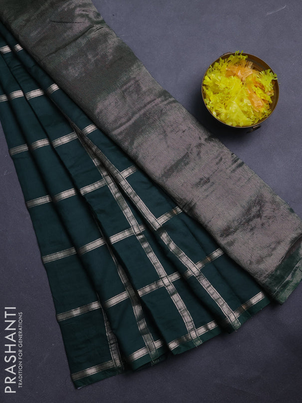 Semi chanderi saree bottle green and pink with allover zari checked pattern in borderless style
