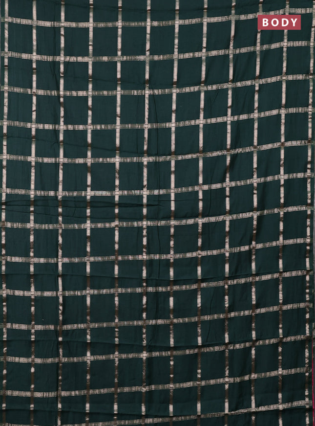 Semi chanderi saree bottle green and pink with allover zari checked pattern in borderless style