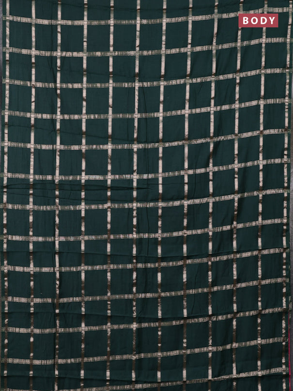 Semi chanderi saree bottle green and pink with allover zari checked pattern in borderless style