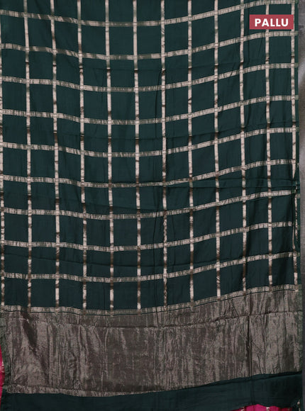 Semi chanderi saree bottle green and pink with allover zari checked pattern in borderless style