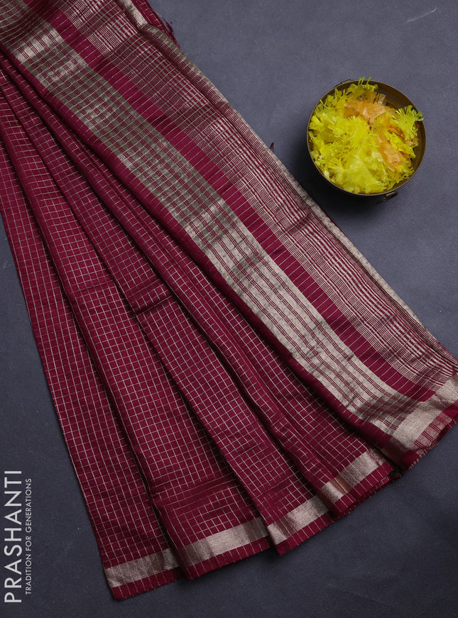 Semi chanderi saree deep wine and bottle green with allover small checks pattern and small zari woven border