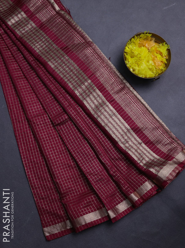 Semi chanderi saree deep wine and bottle green with allover small checks pattern and small zari woven border