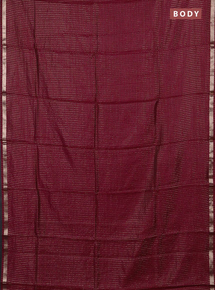 Semi chanderi saree deep wine and bottle green with allover small checks pattern and small zari woven border