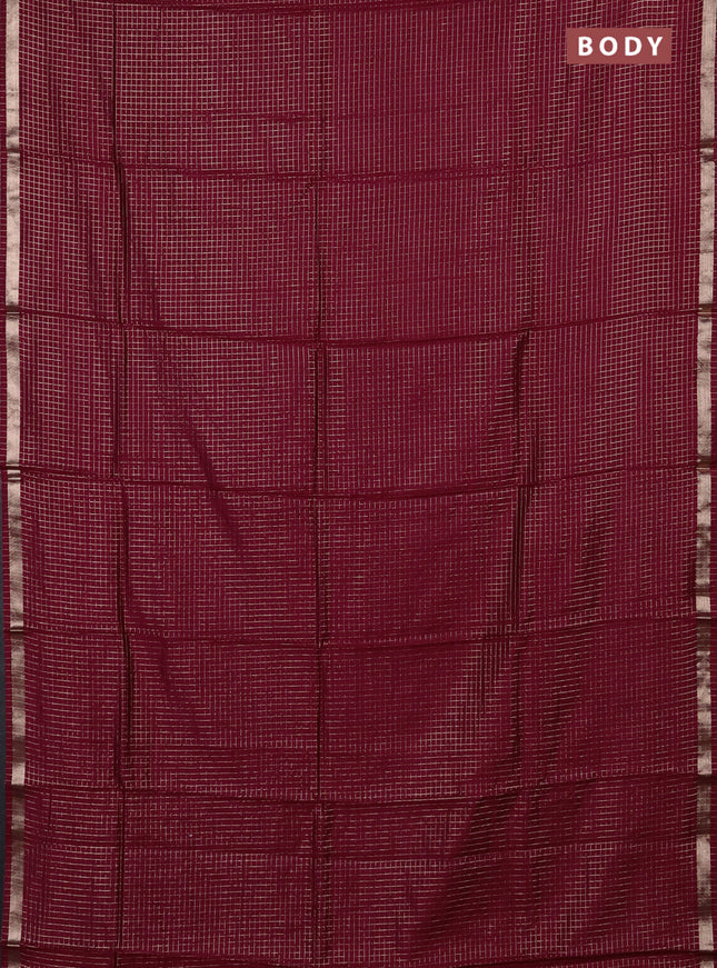 Semi chanderi saree deep wine and bottle green with allover small checks pattern and small zari woven border