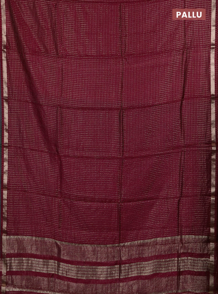 Semi chanderi saree deep wine and bottle green with allover small checks pattern and small zari woven border