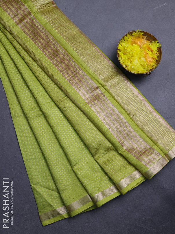 Semi chanderi saree light green and deep maroon with allover small checks pattern and small zari woven border