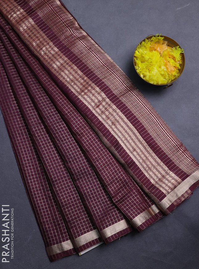 Semi chanderi saree coffee brown and rust shade with allover zari checked pattern and small zari woven border