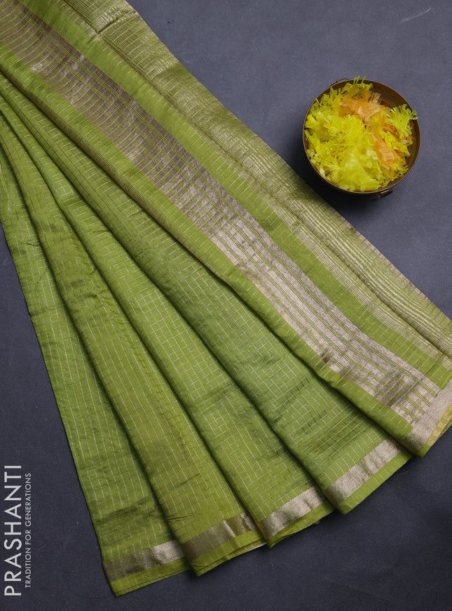 Semi chanderi saree light green and violet with allover small checks pattern and small zari woven border