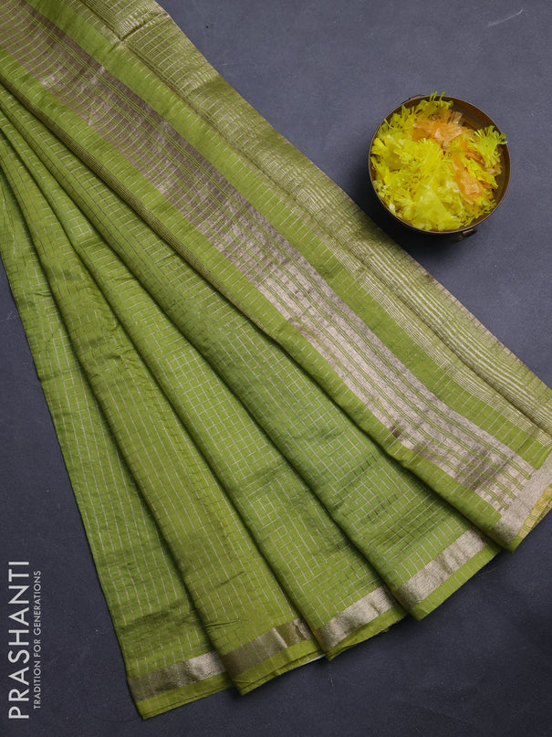 Semi chanderi saree light green and violet with allover small checks pattern and small zari woven border