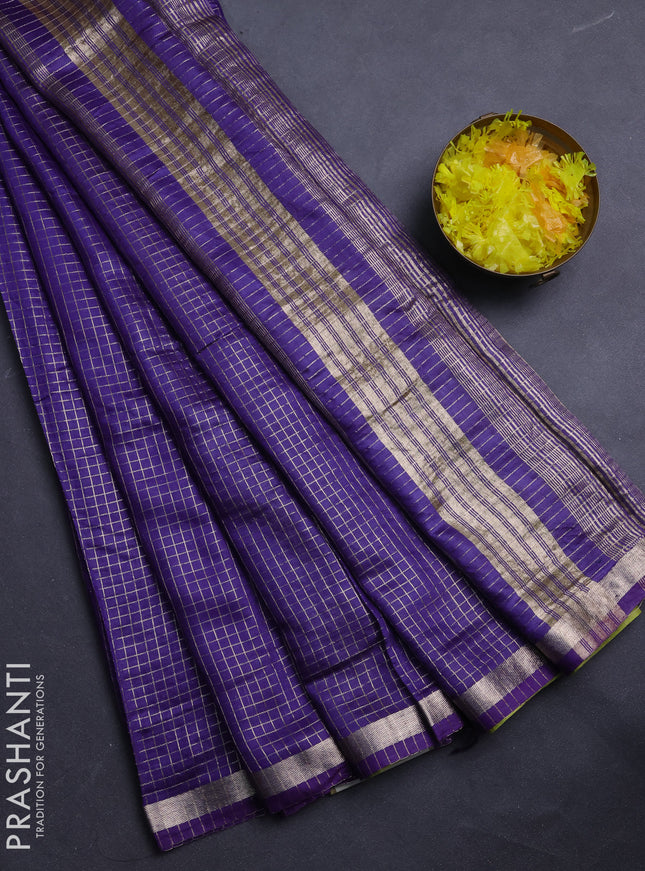 Semi chanderi saree violet and light green with allover small checks pattern and small zari woven border