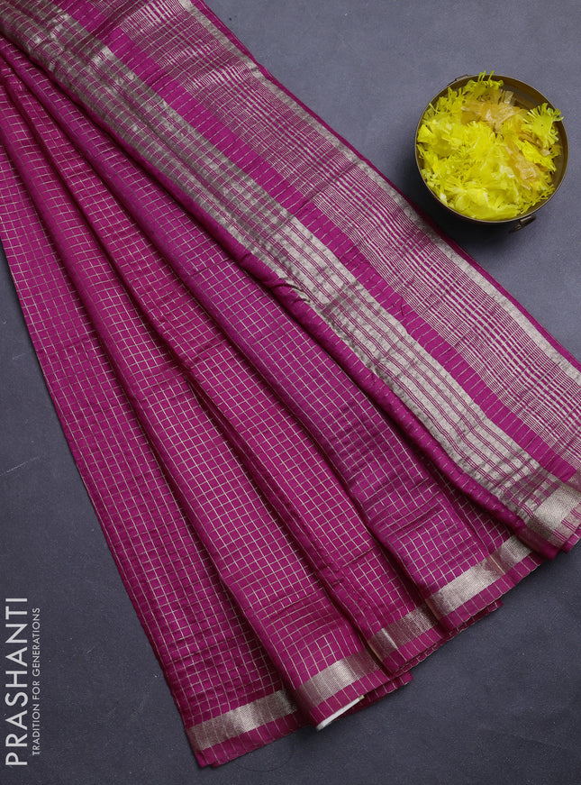Semi chanderi saree pink and violet with allover small checks pattern and small zari woven border
