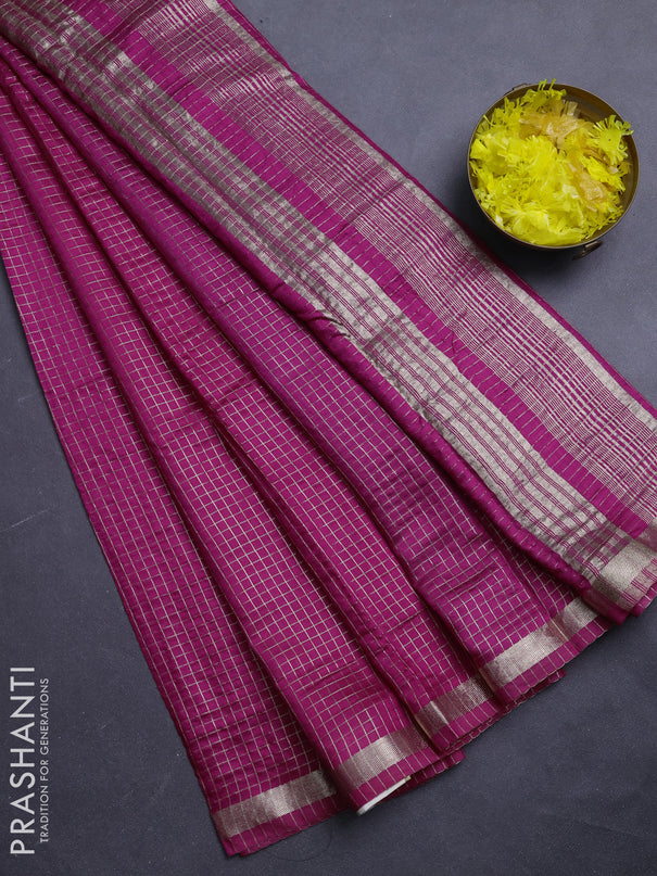 Semi chanderi saree pink and violet with allover small checks pattern and small zari woven border