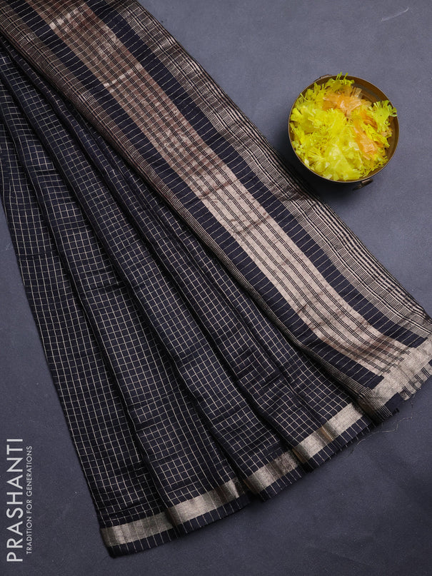 Semi chanderi saree black and maroon with allover small checks pattern and small zari woven border