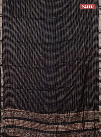 Semi chanderi saree black and maroon with allover small checks pattern and small zari woven border