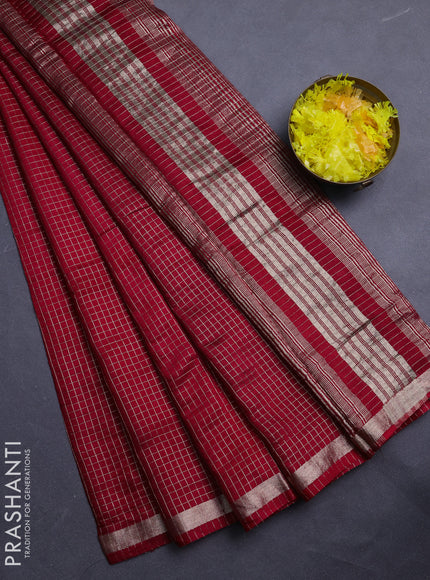 Semi chanderi saree red and green with allover small checks pattern and small zari woven border