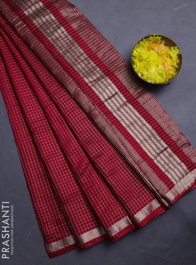 Semi chanderi saree red and green with allover small checks pattern and small zari woven border