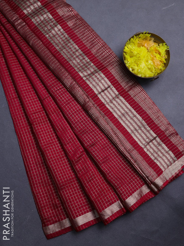 Semi chanderi saree red and green with allover small checks pattern and small zari woven border