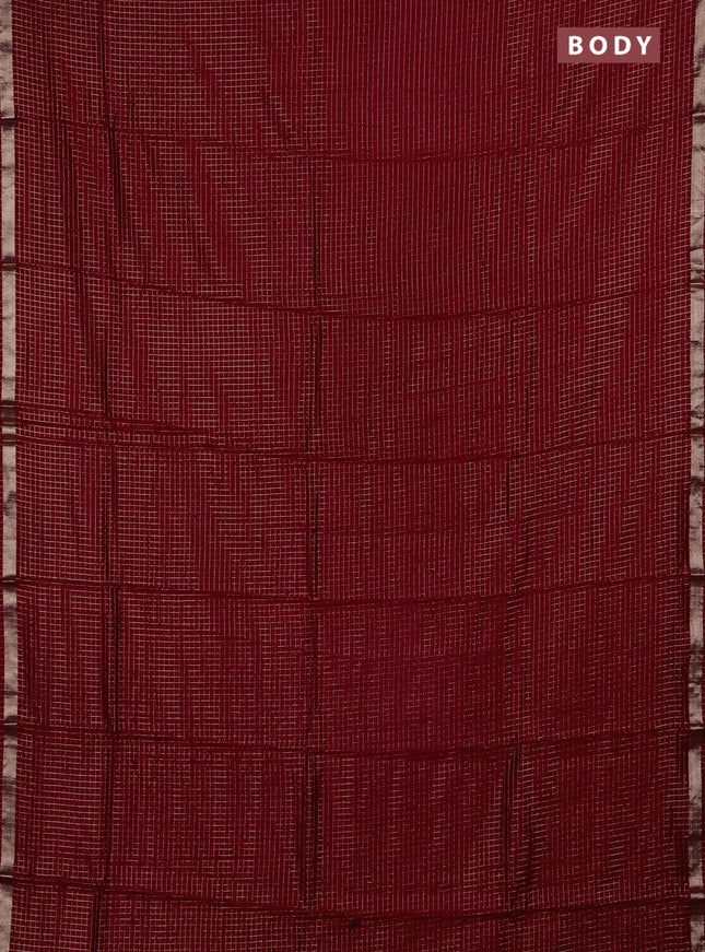 Semi chanderi saree red and green with allover small checks pattern and small zari woven border