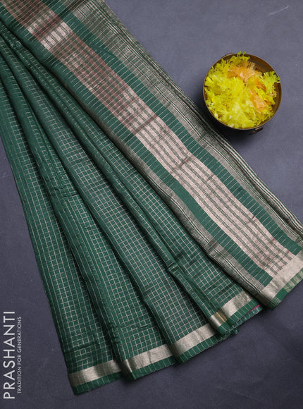 Semi chanderi saree dark green and light pink with allover small checks pattern and small zari woven border
