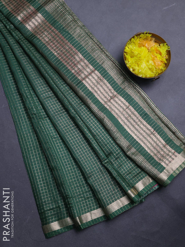 Semi chanderi saree dark green and light pink with allover small checks pattern and small zari woven border