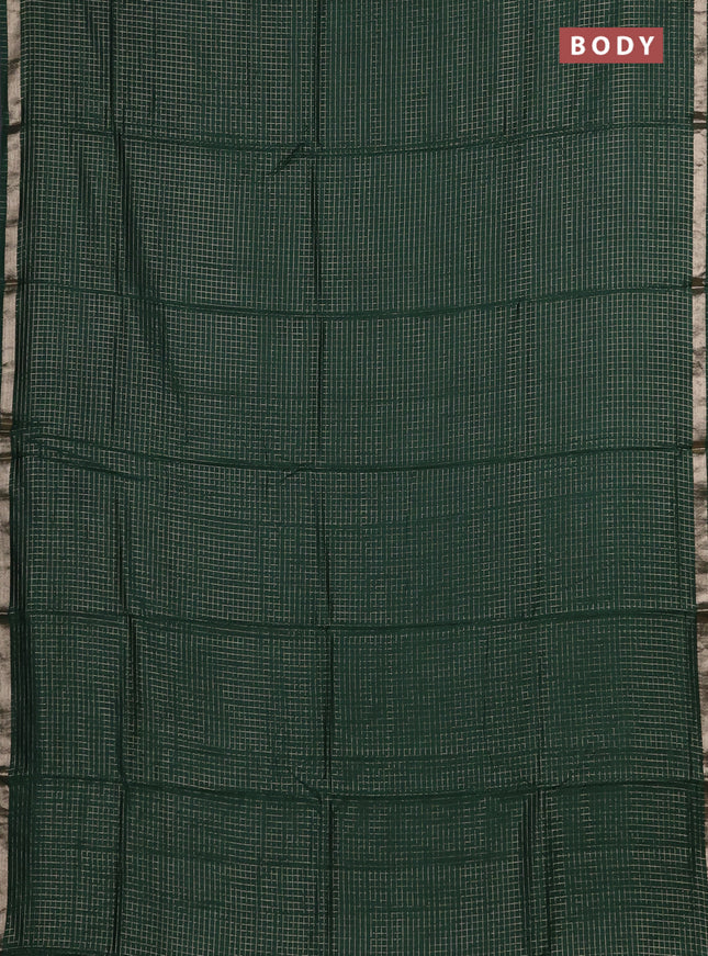 Semi chanderi saree dark green and light pink with allover small checks pattern and small zari woven border