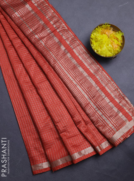 Semi chanderi saree rust shade and deep wine with allover small checks pattern and small zari woven border