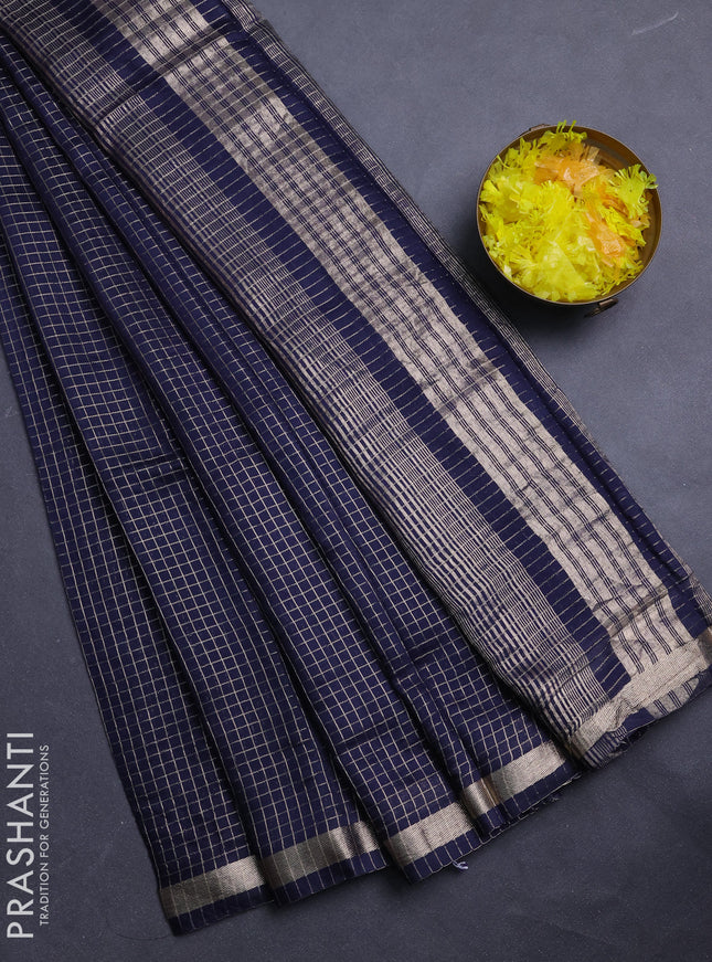 Semi chanderi saree navy blue and purple with allover small checks pattern and small zari woven border