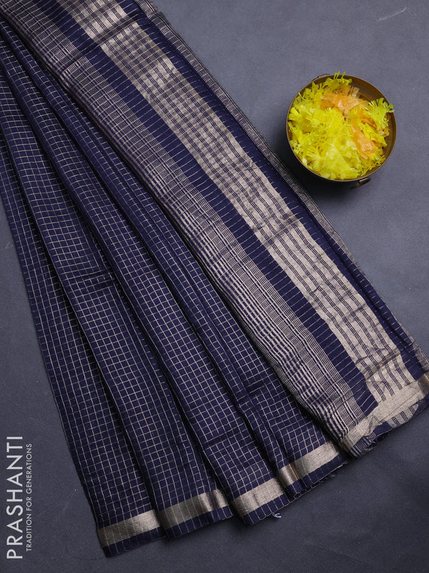 Semi chanderi saree navy blue and purple with allover small checks pattern and small zari woven border