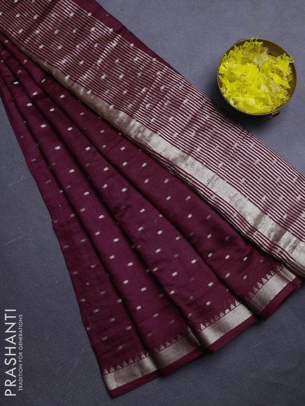 Semi chanderi saree deep wine and rust shade with allover zari woven buttas and zari woven border