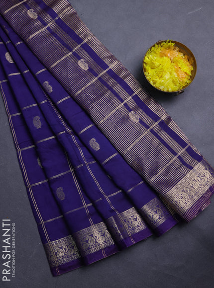 Semi chanderi saree navy blue and light green with allover zari checks & buttas and zari woven border