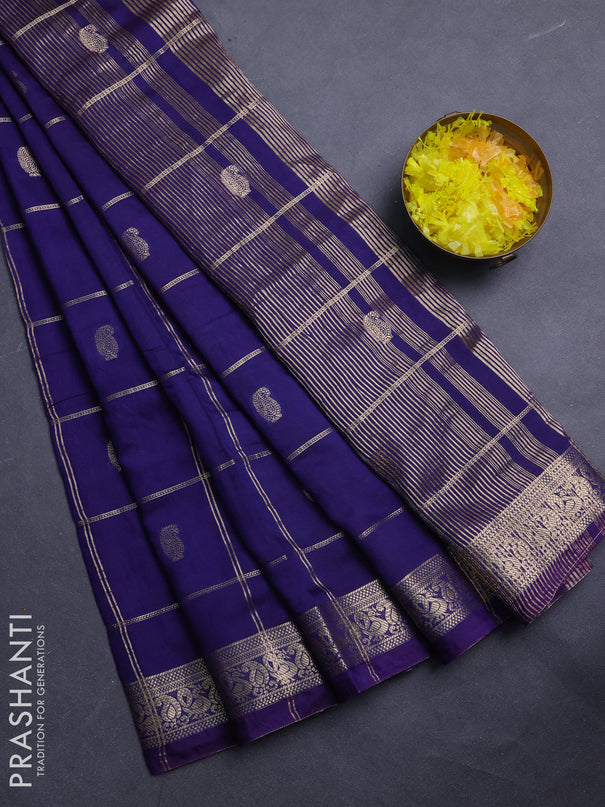 Semi chanderi saree navy blue and light green with allover zari checks & buttas and zari woven border