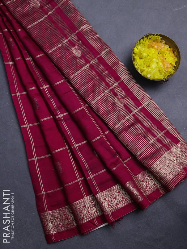Semi chanderi saree maroon and green with allover zari checks & buttas and zari woven border