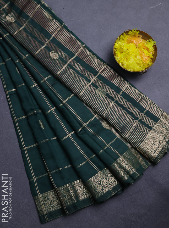 Semi chanderi saree bottle green and light pink with allover zari checks & buttas and zari woven border