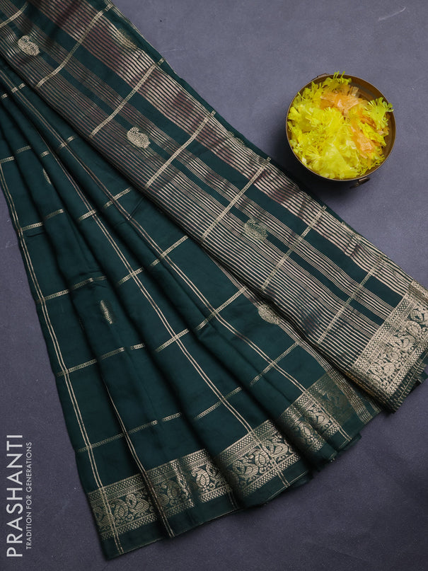 Semi chanderi saree bottle green and light pink with allover zari checks & buttas and zari woven border