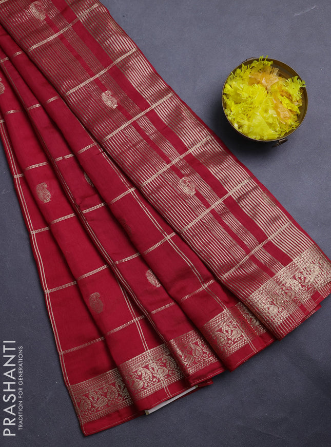 Semi chanderi saree red and green with allover zari checks & buttas and zari woven border