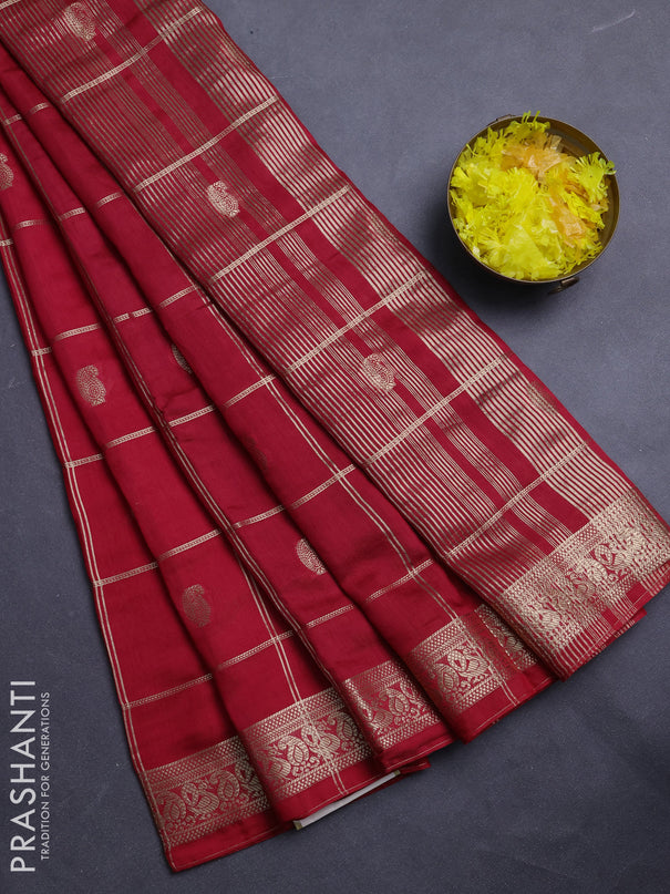 Semi chanderi saree red and green with allover zari checks & buttas and zari woven border
