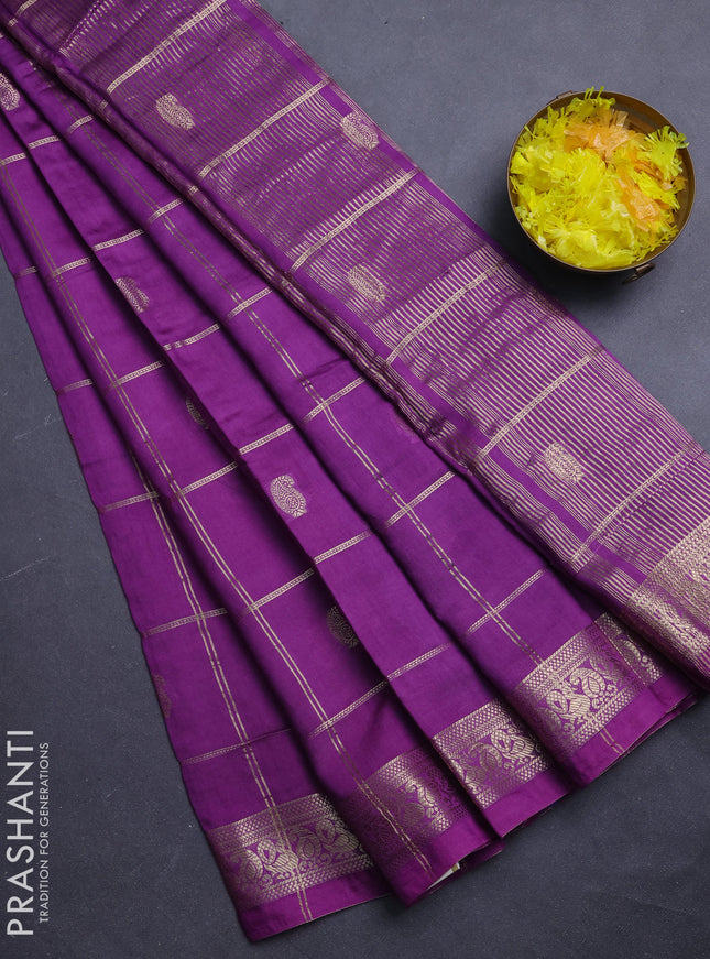 Semi chanderi saree purple and blue with allover zari checks & buttas and zari woven border