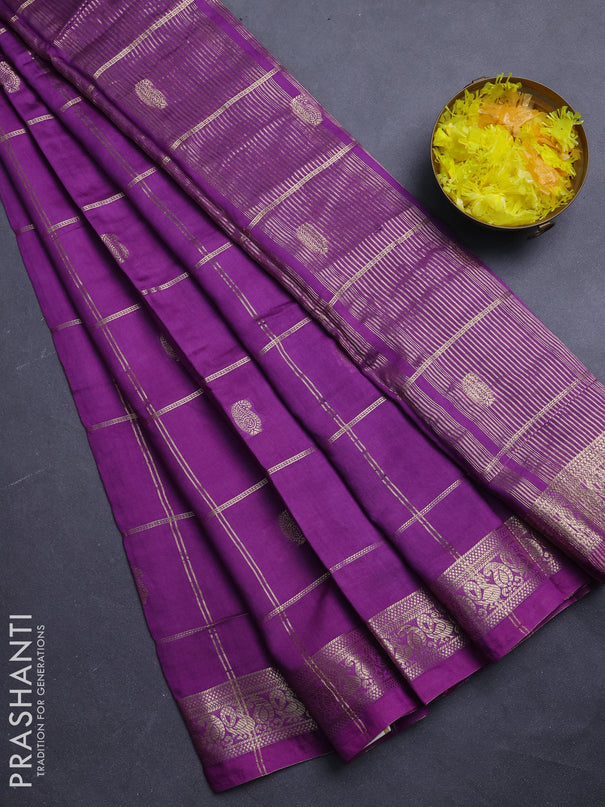 Semi chanderi saree purple and blue with allover zari checks & buttas and zari woven border