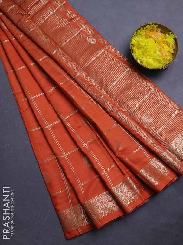 Semi chanderi saree rust shade and wine shade with allover zari checks & buttas and zari woven border