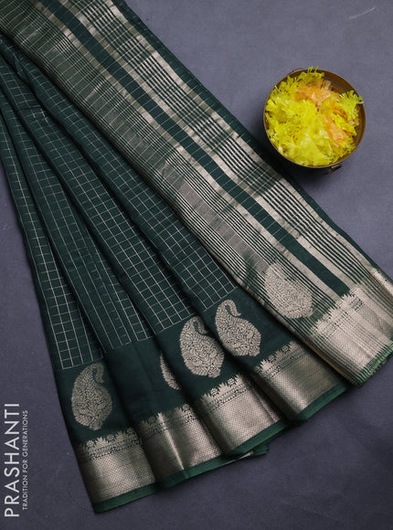 Semi chanderi saree bottle green and black with allover zari checked pattern and zari woven paisley butta border