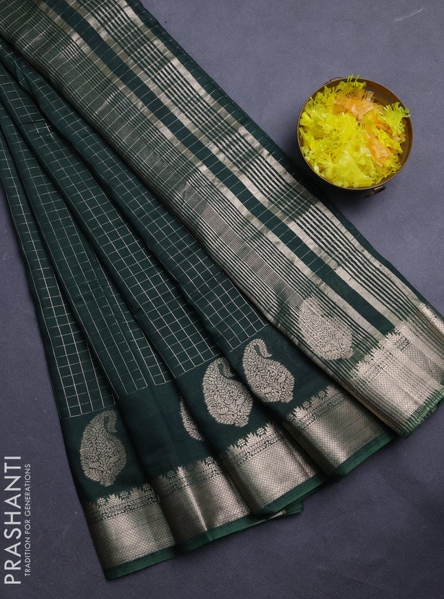 Semi chanderi saree bottle green and black with allover zari checked pattern and zari woven paisley butta border