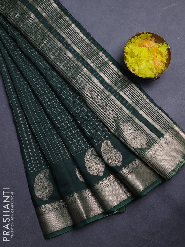 Semi chanderi saree bottle green and black with allover zari checked pattern and zari woven paisley butta border