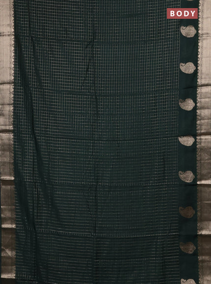 Semi chanderi saree bottle green and black with allover zari checked pattern and zari woven paisley butta border