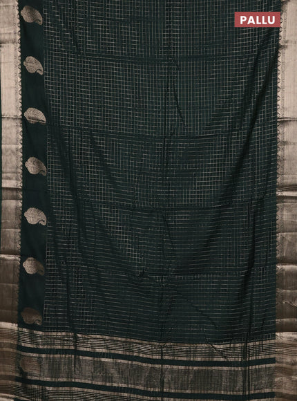 Semi chanderi saree bottle green and black with allover zari checked pattern and zari woven paisley butta border